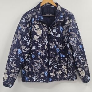 Floral Quilted Jacket Lands' End Blue White Size XL